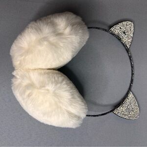NEW (two rhinestones missing) . White Furry Earmuffs with Rhinestone Cat Ears.